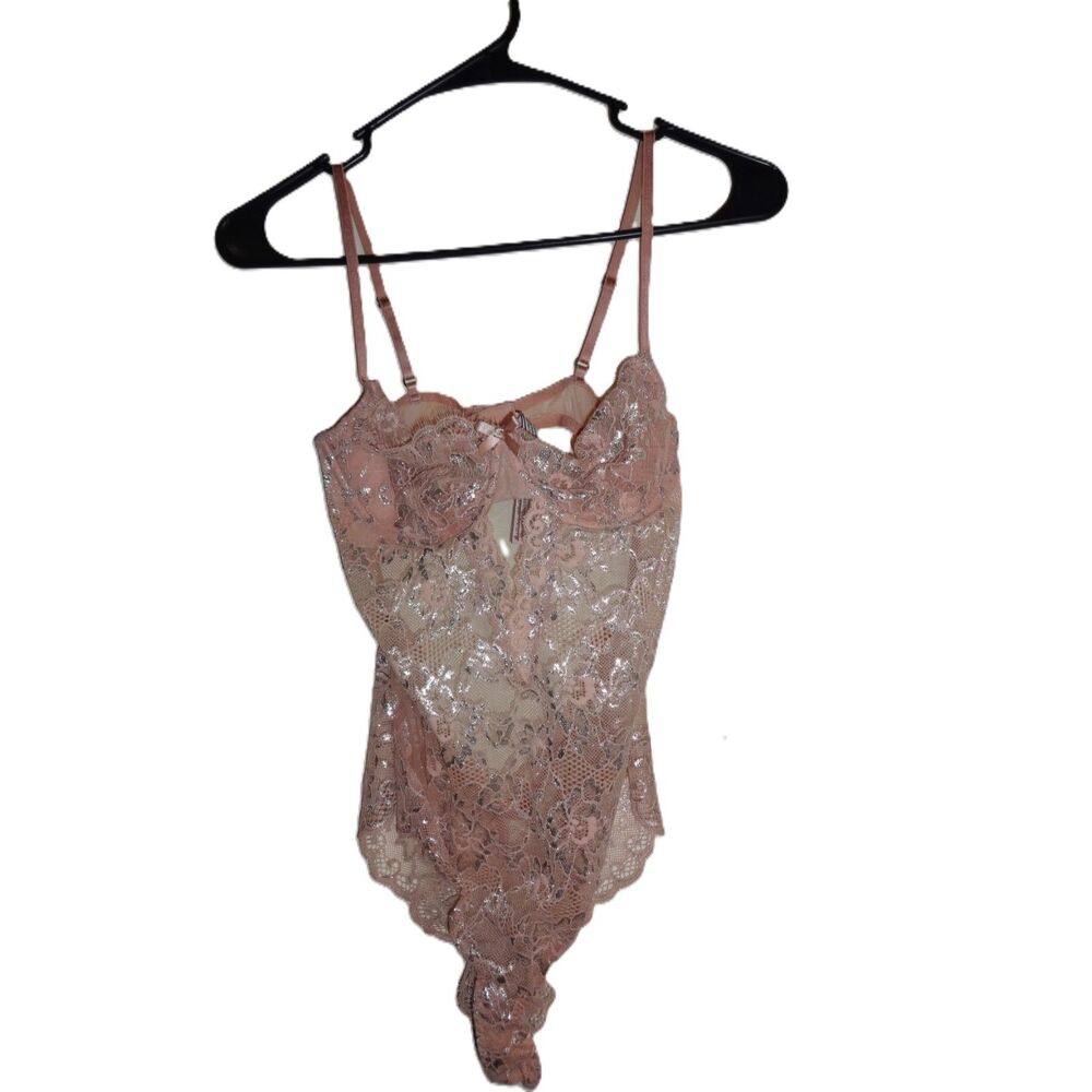 Victoria’s Secret ~ Blush Pink Silver Lace Teddy ~ Size Medium